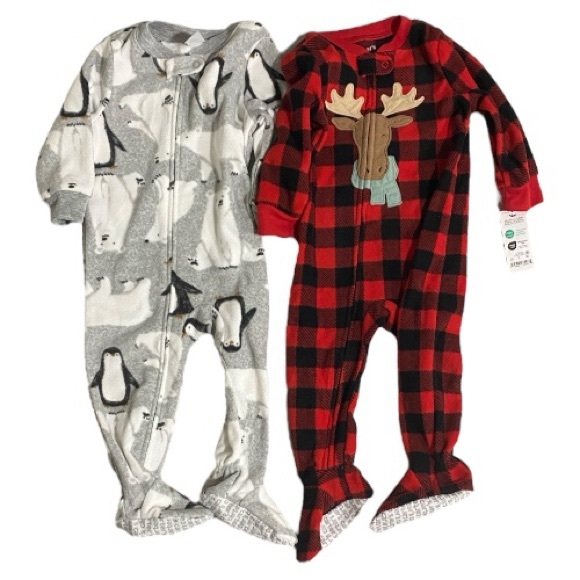 NWT Carter’s 12M Fleece Footed Sleepers – Penguin & Moose Plaid Lot of 2 - Picture 1 of 10